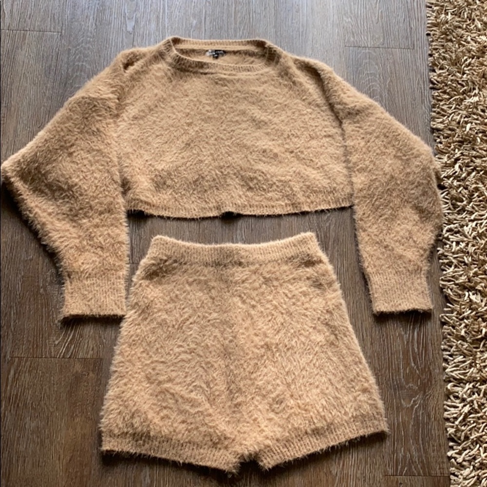2 piece Fuzzy short set .. size small ,Tan